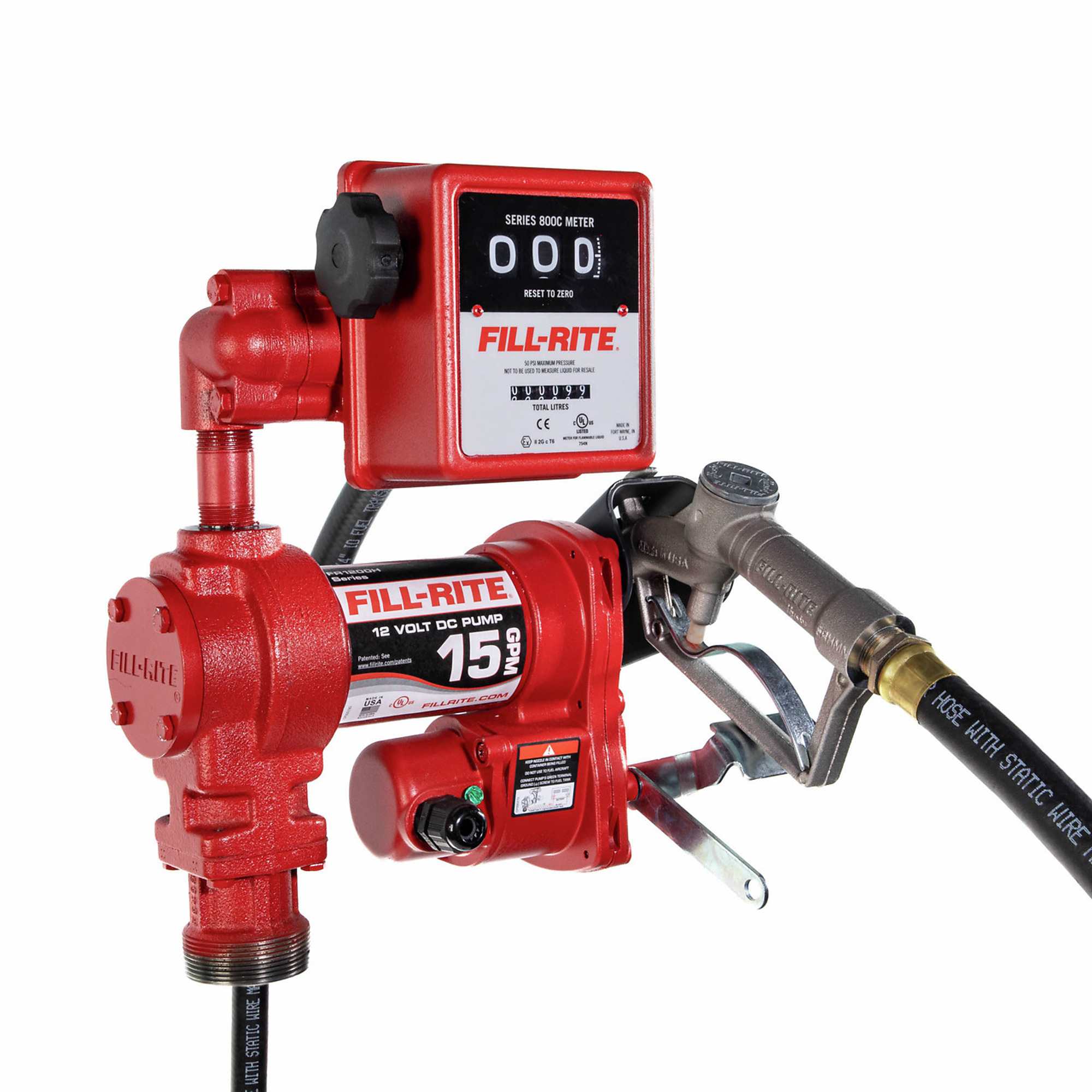 Fill-Rite, 12V DC 57 LPM Fuel Pump with Meter Nozzle, GPM 15 Volts 12 Nozzle Type Manual, Model# FR1211HL